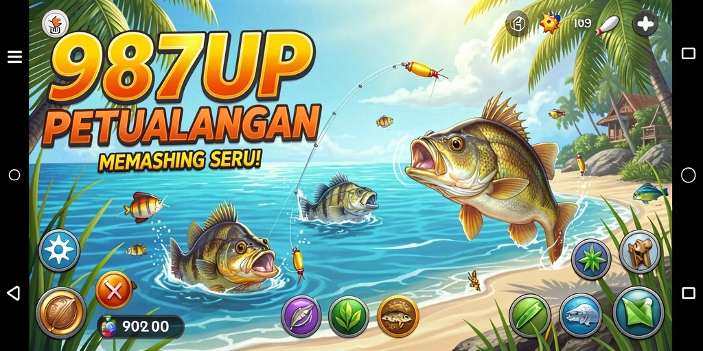 Screenshot gameplay 987UP menampilkan keseruan memancing di laut.