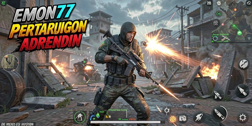 Tangkapan layar dinamis dari gameplay intens EMON77 dalam arena FPS.