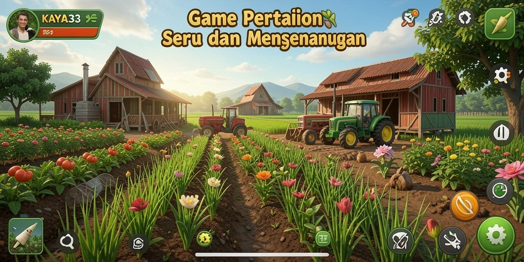 Tampilan gameplay KAYA33 yang menampilkan aktivitas pertanian menyenangkan.