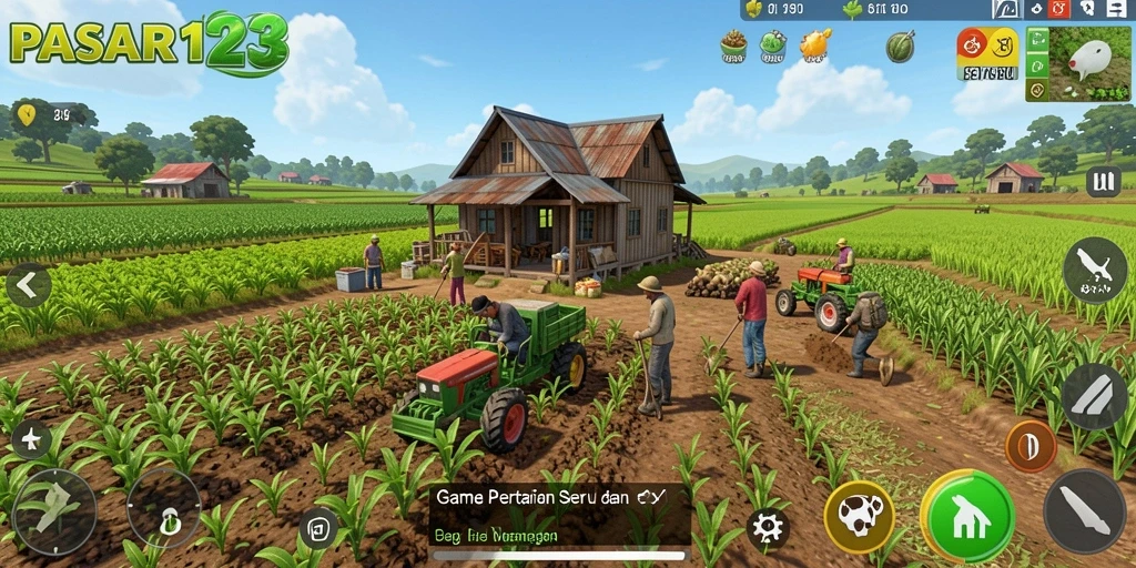 Tampilan gameplay PASAR123 yang memukau dengan aktivitas bertani.
