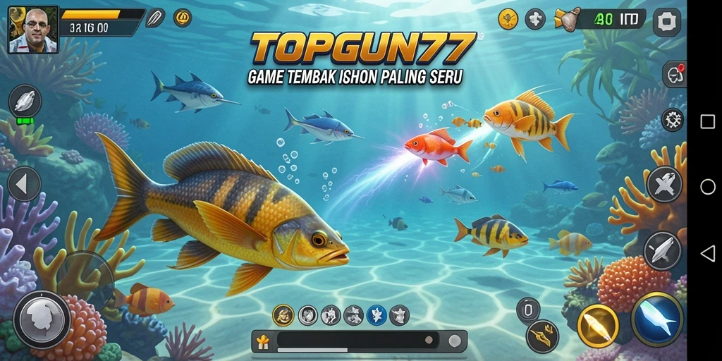 Tampilan gameplay seru dari TOPGUN77 saat berburu ikan.